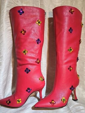 Designer Women's Red Leather Rhinestone Embellished Knee-High Boots Sz 8M